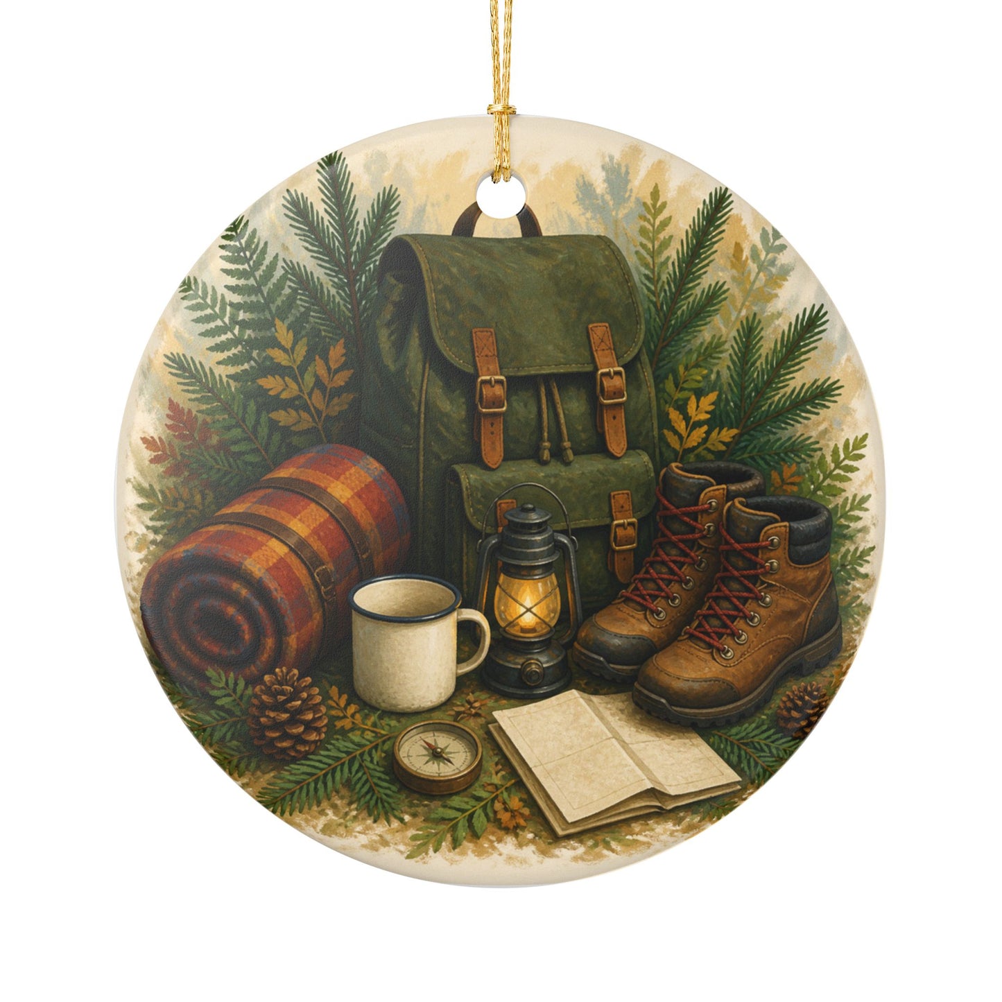 Generic Camping Gear Outdoor Adventure Art Ceramic Ornament, Holiday Keepsake an