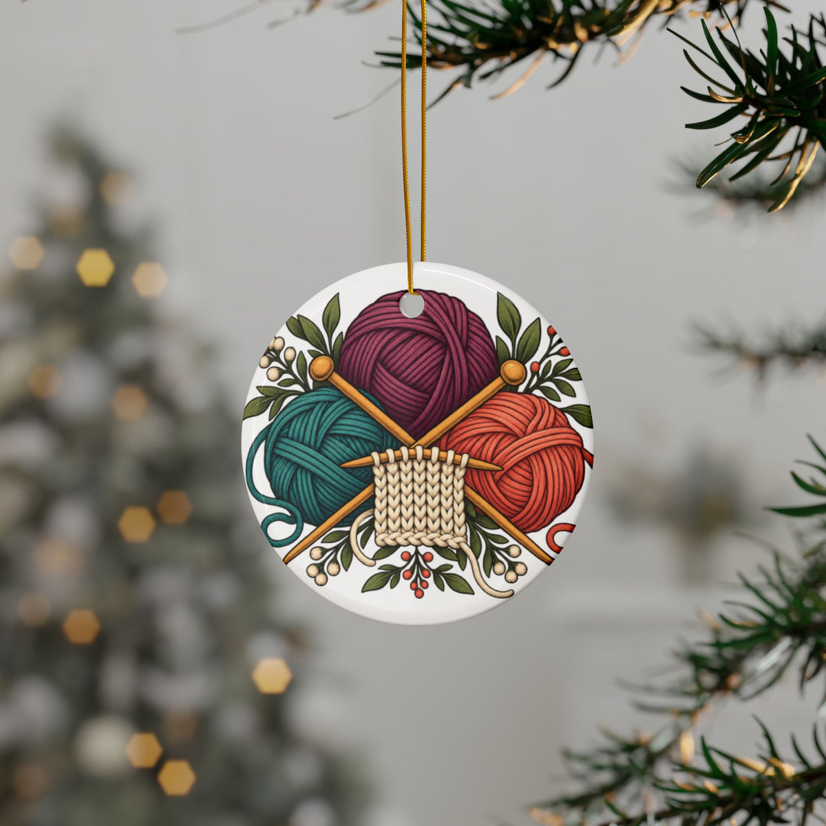 Retro Yarn and Knitting Botanical Art Round Ornament