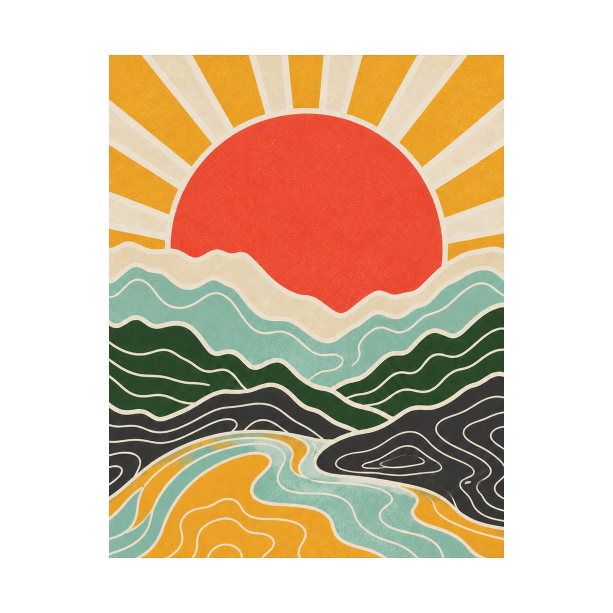 Topographic Sunrise Mid Century Mountain Art Poster