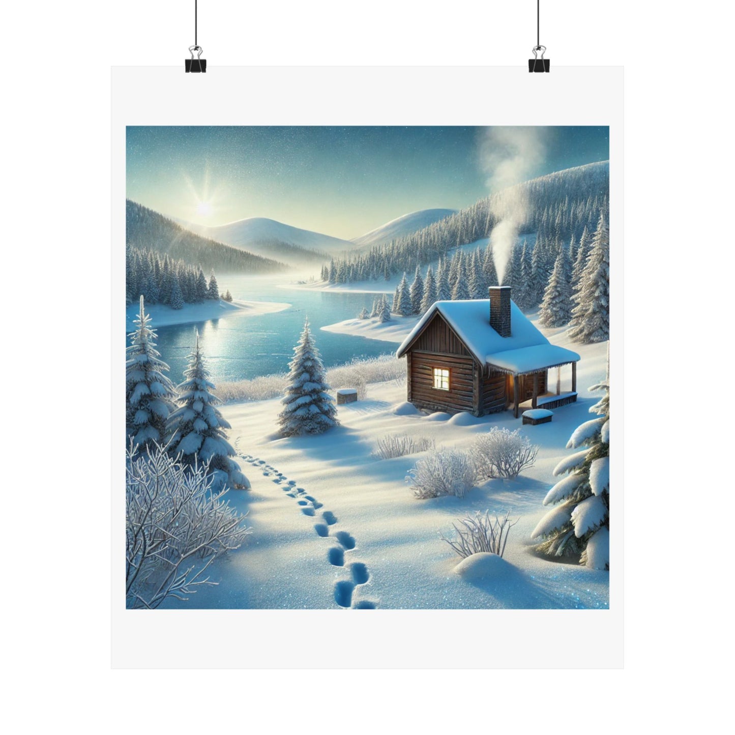 Snowy Cabin Winter Lake Landscape Art Poster