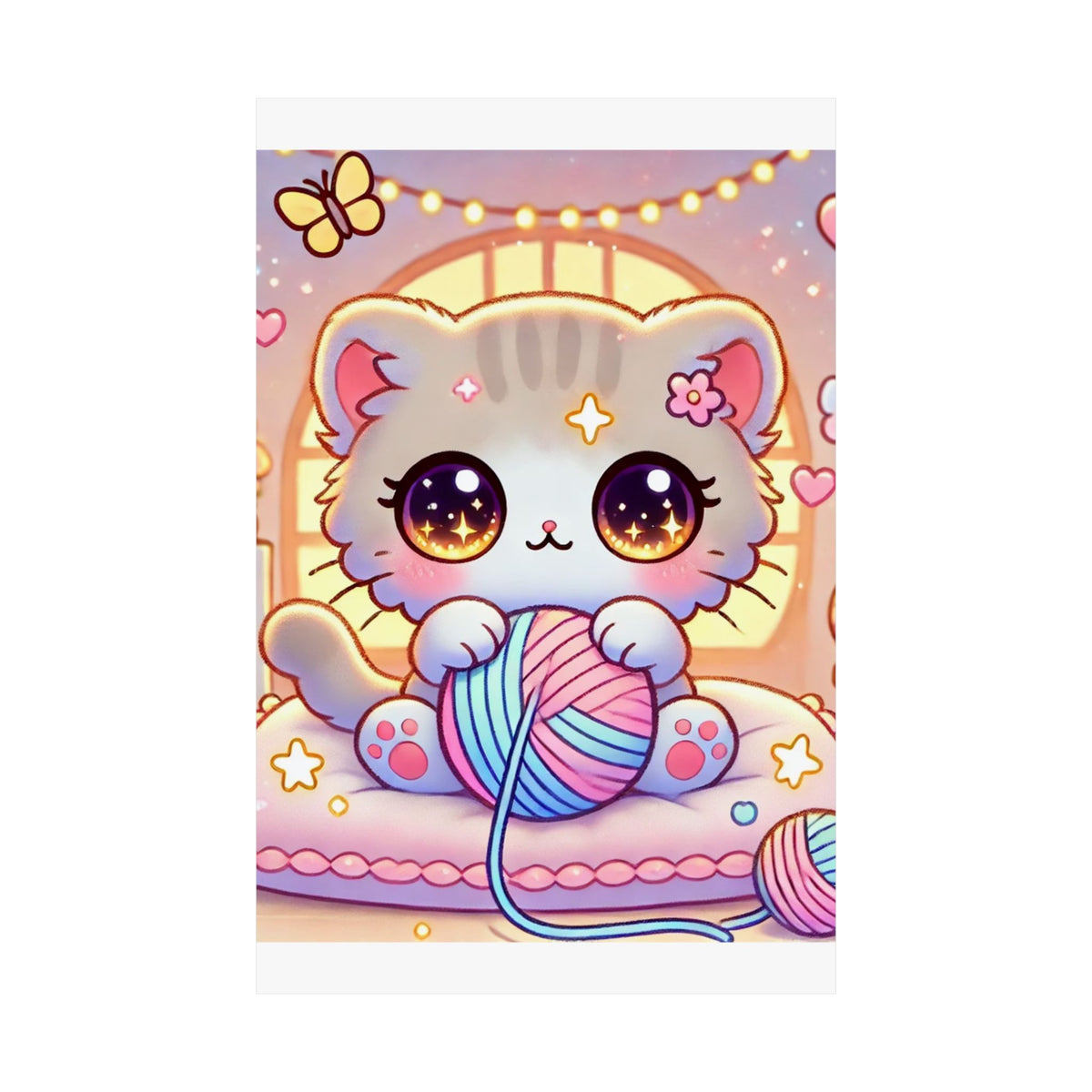 Cozy Kawaii Knitting Cat Pastel Yarn Wall Art Poster