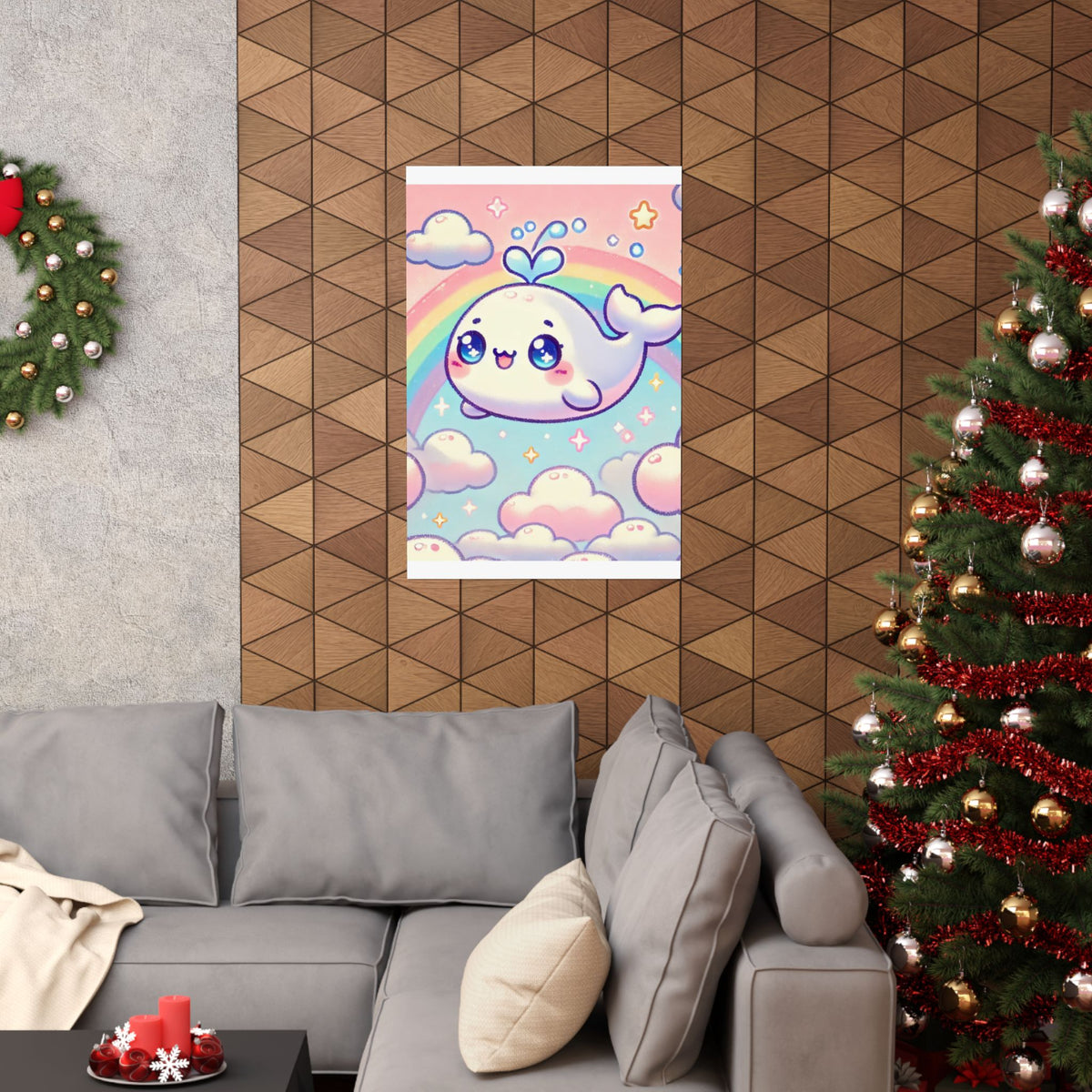 Kawaii Rainbow Whale Pastel Cloud Wall Art Poster