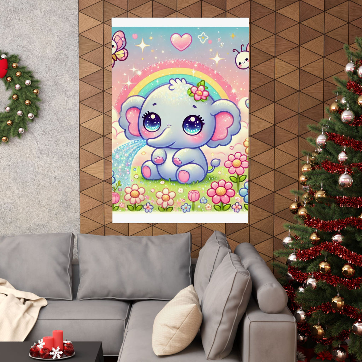 Pastel Rainbow Baby Elephant Floral Wall Art Poster