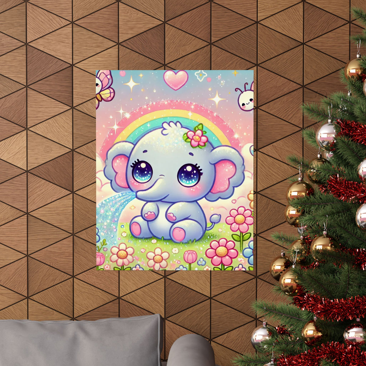 Pastel Rainbow Baby Elephant Floral Wall Art Poster