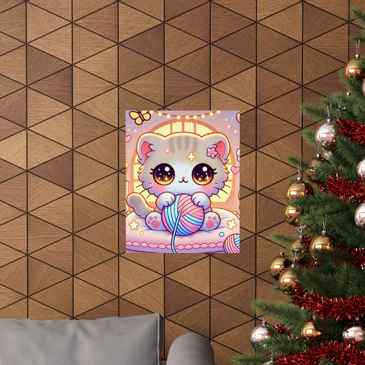 Cozy Kawaii Knitting Cat Pastel Yarn Wall Art Poster