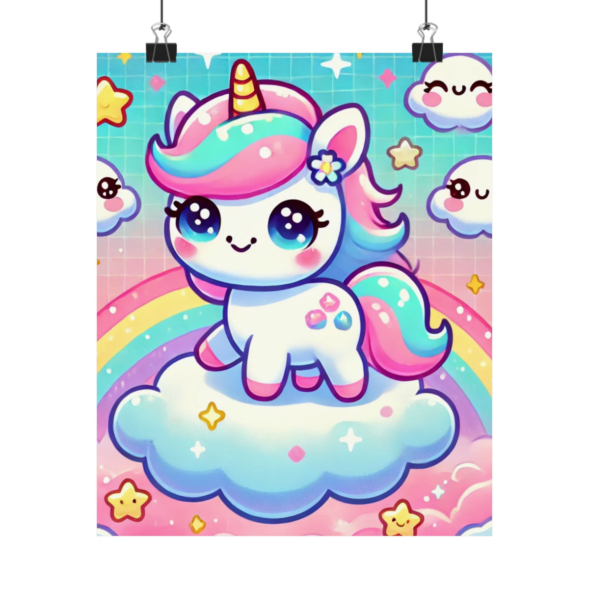 Pastel Rainbow Unicorn Cloud Kawaii Wall Art Poster