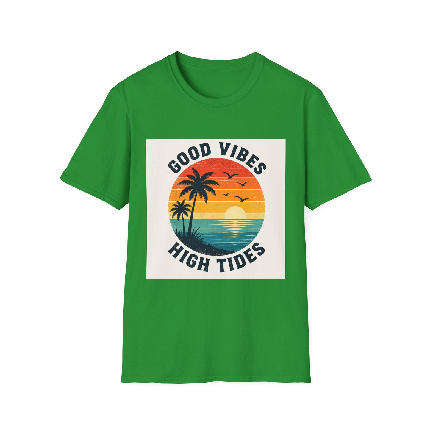 Good Vibes High Tides T-Shirt | Retro Sunset Palm Beach Design