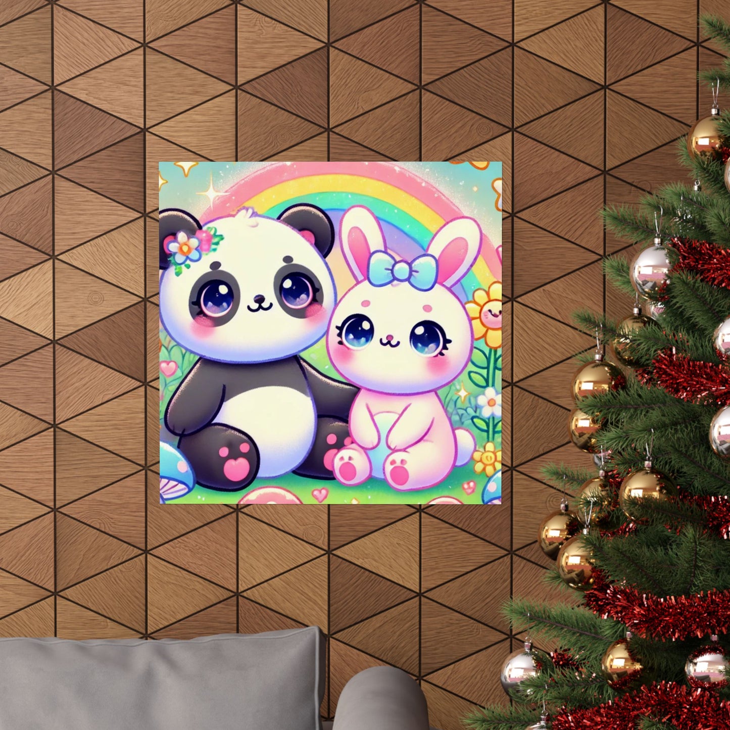 Pastel Panda and Bunny Rainbow Garden Wall Art Poster
