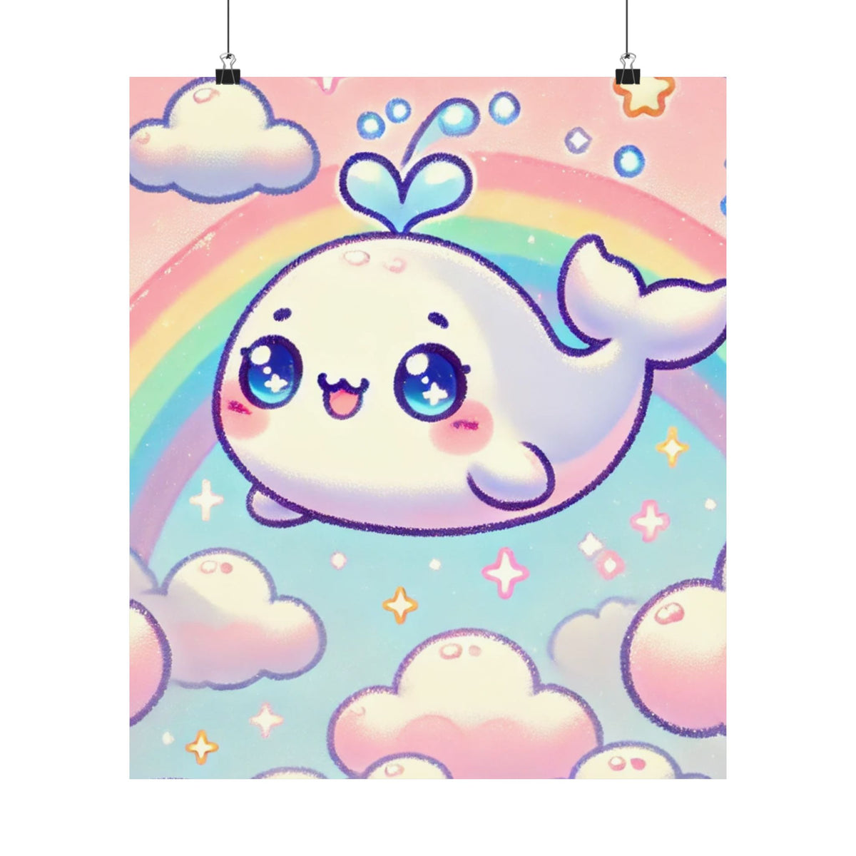 Kawaii Rainbow Whale Pastel Cloud Wall Art Poster