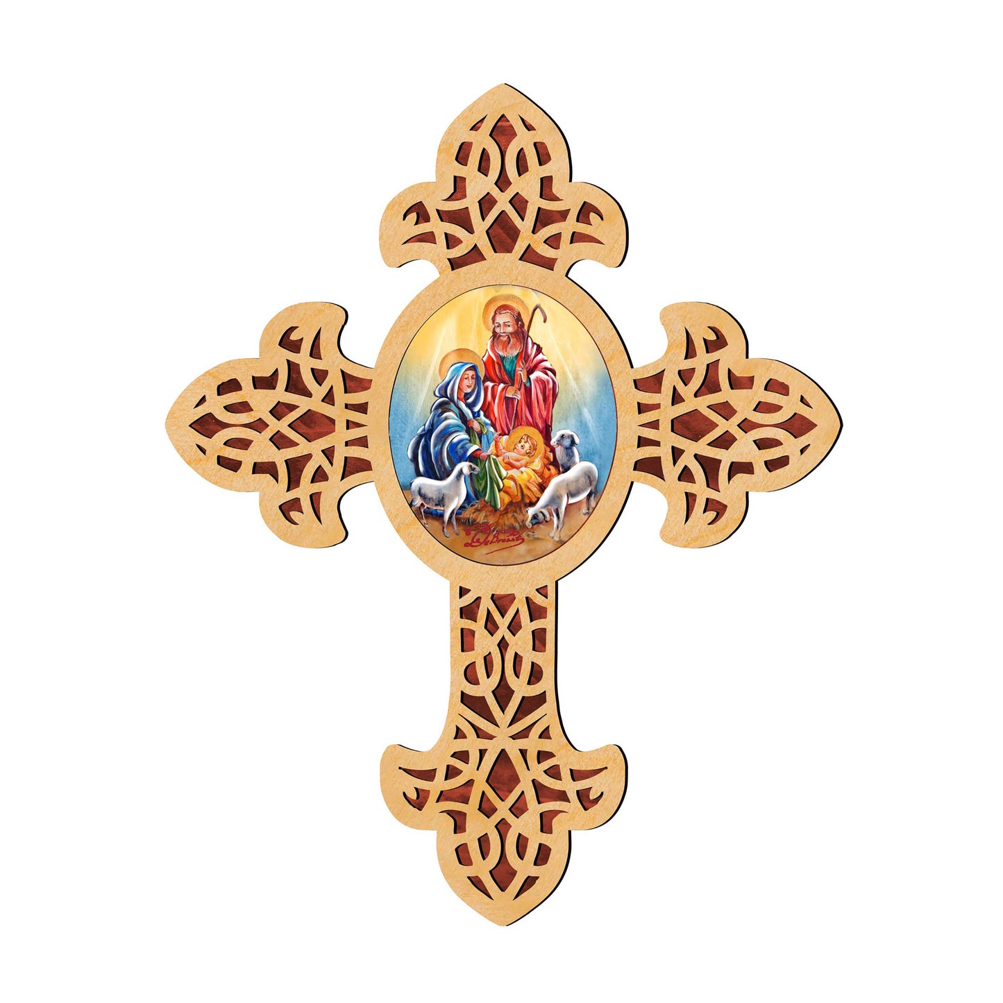 Holy Family Pointy Wooden Cross by Museum Icons - Inspirational Icon Decor - 88350