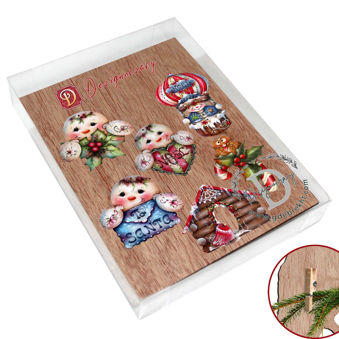 Giggles and Gifts Clip-On Eco Wood Decorative Ornaments Set of 6 by Jamie Mills-Price - Christmas Decor - 8090048C-MP-S6