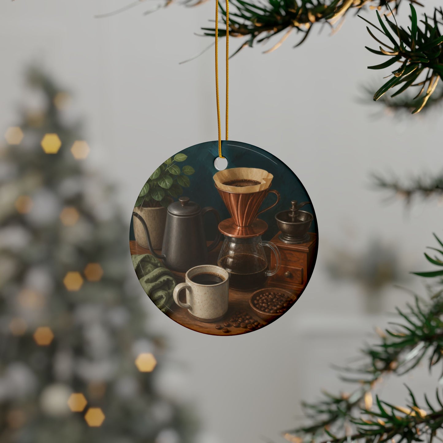 Warm Home Coffee Brewing Art Ceramic Ornament, Holiday Keepsake and Gift