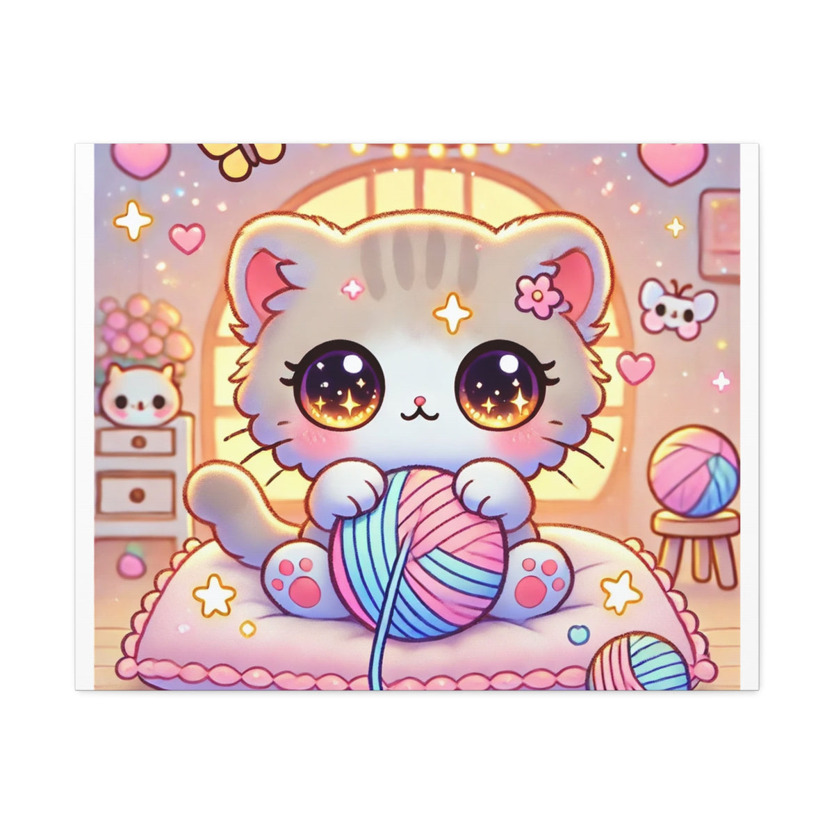 Cozy Kawaii Knitting Cat Pastel Yarn Canvas Wall Art