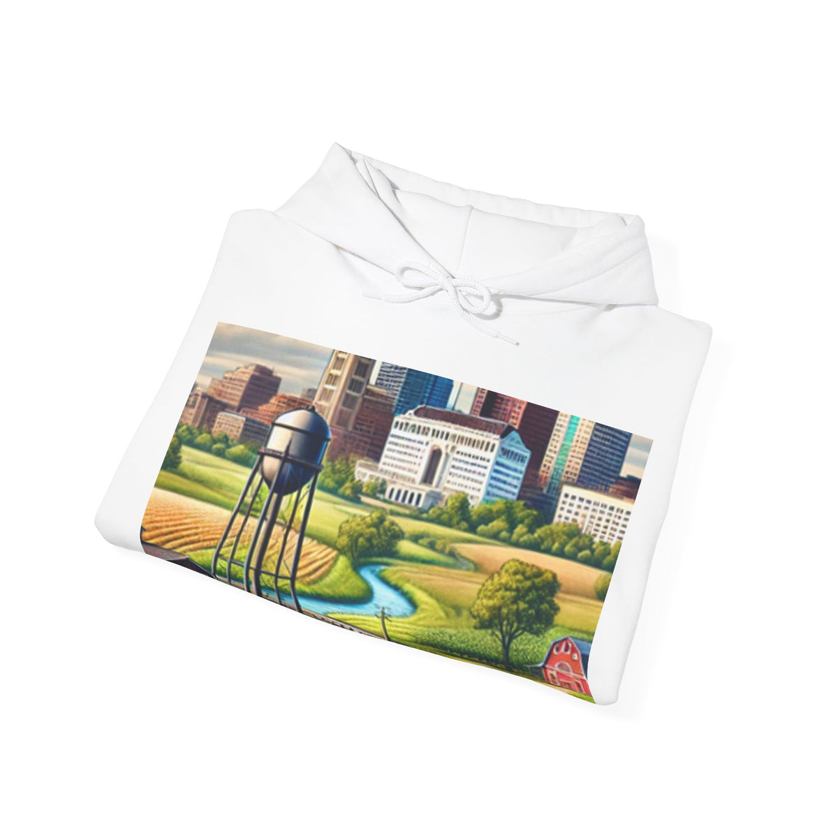Rural River City Skyline Hometown Landscape Cozy Hoodie