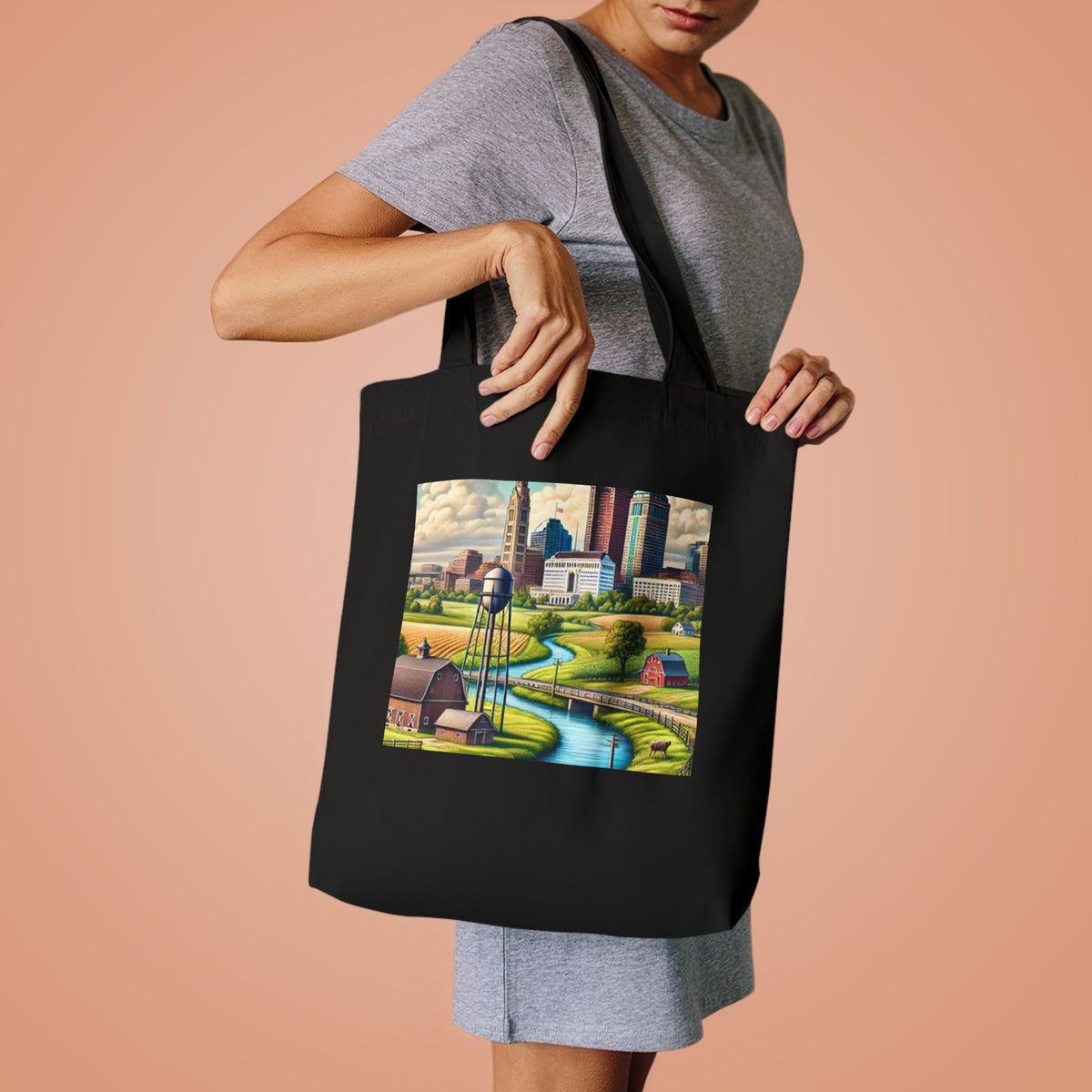 Rural River City Skyline Hometown Landscape Tote Bag