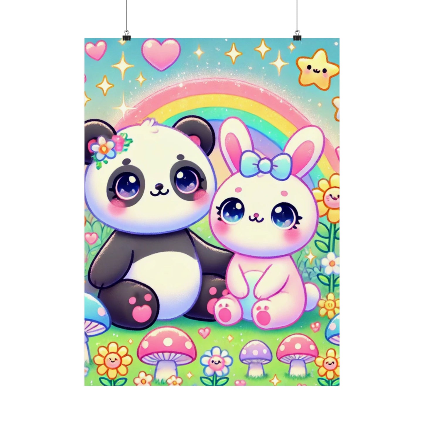 Pastel Panda and Bunny Rainbow Garden Wall Art Poster