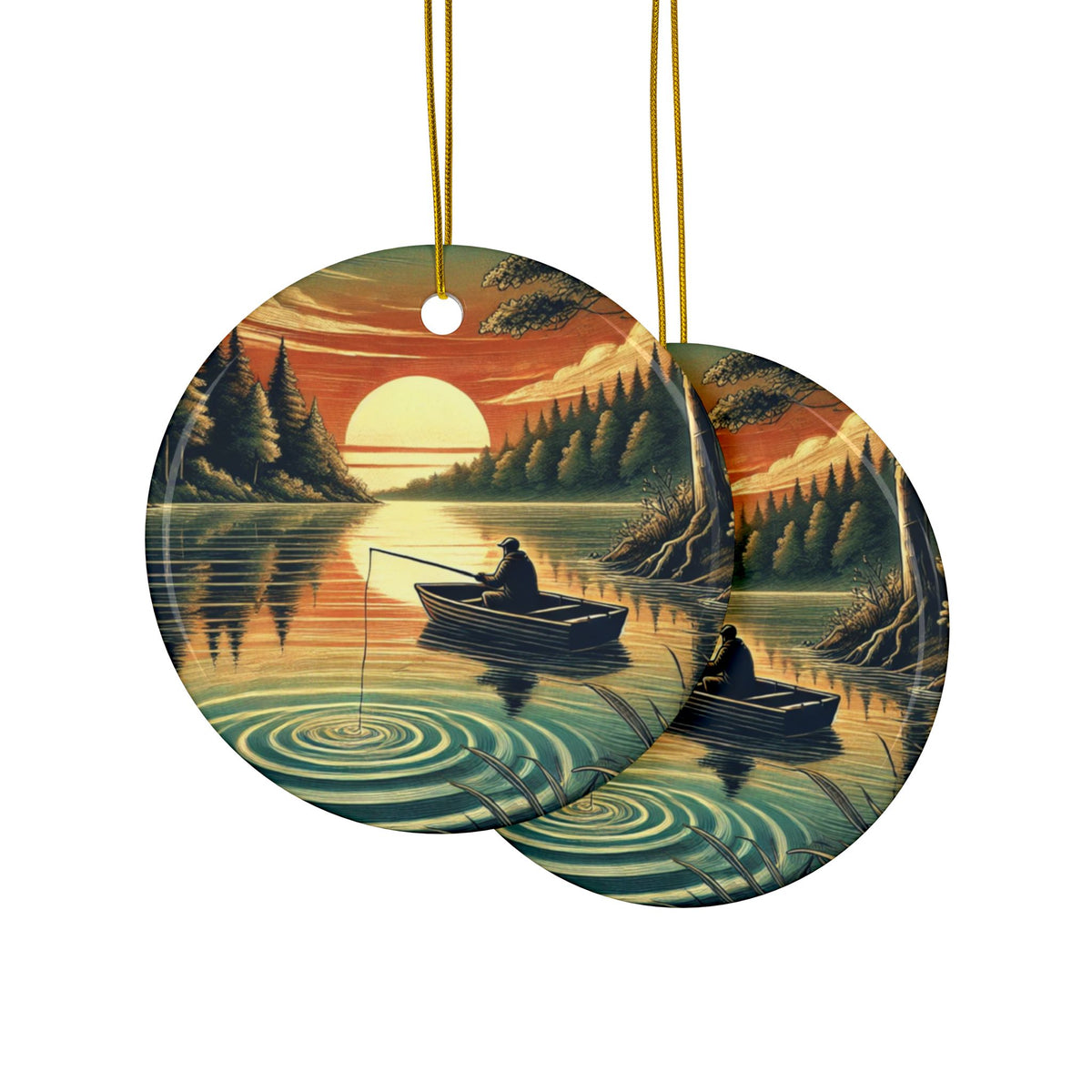 Sunset Lake Fishing Retreat Ceramic Ornament, Holiday Keepsake and Gift