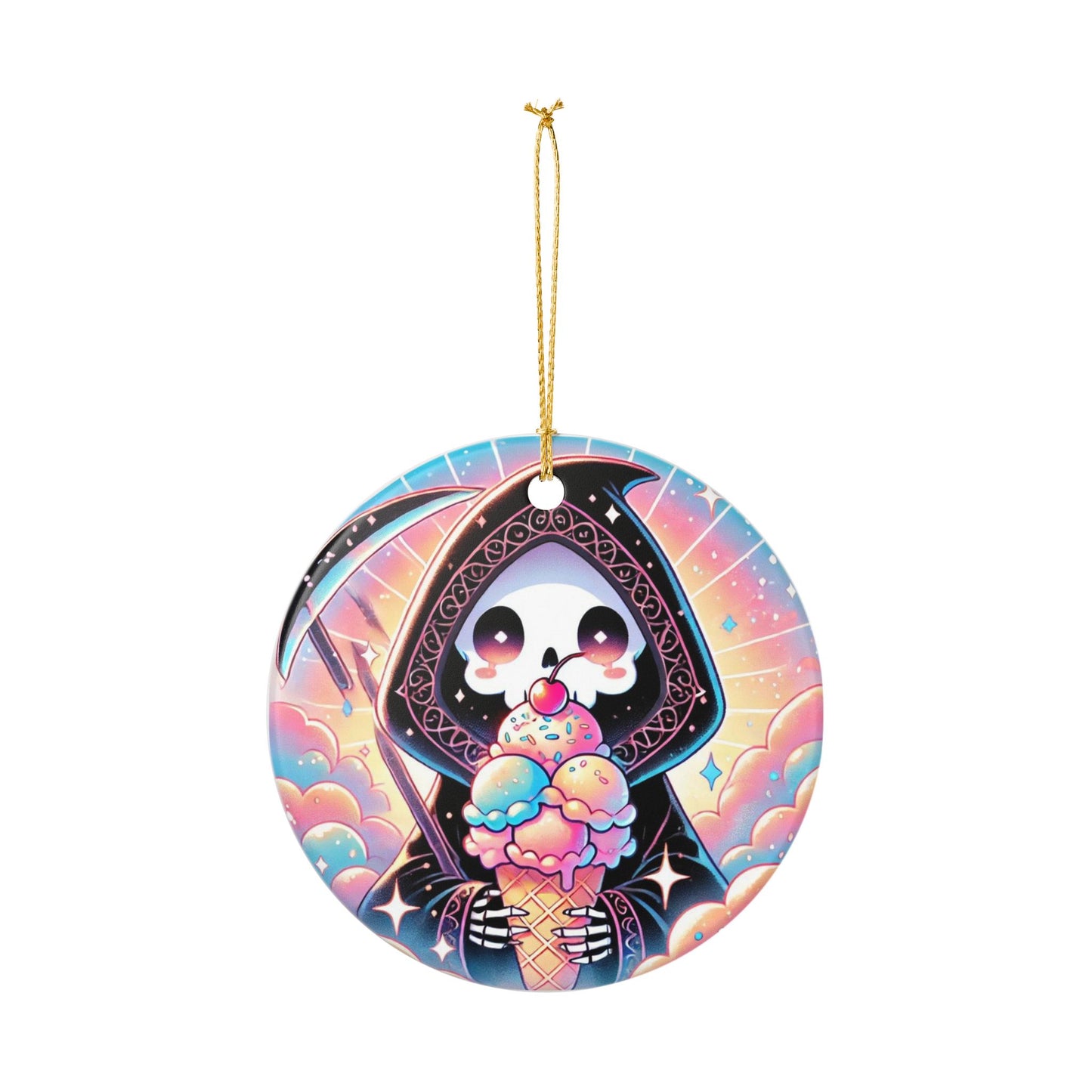 Cute Grim Reaper Ice Cream Pastel Novelty Art Ceramic Ornament, Holiday Keepsake