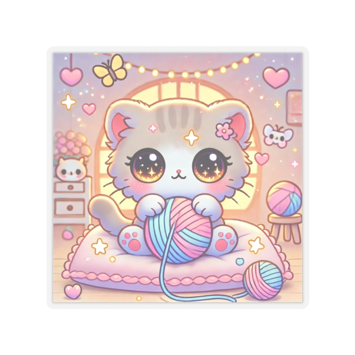 Cozy Kawaii Knitting Cat Pastel Yarn Sticker