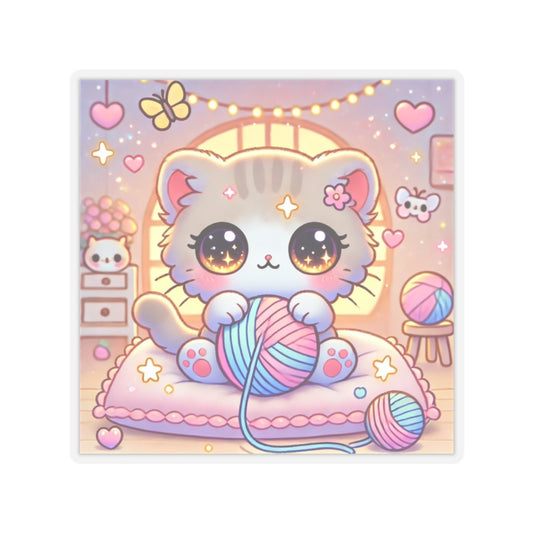 Cozy Kawaii Knitting Cat Pastel Yarn Sticker