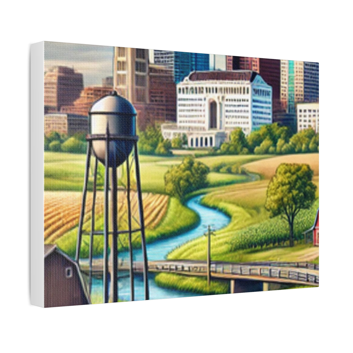 Rural River City Skyline Hometown Landscape Canvas Wall Art