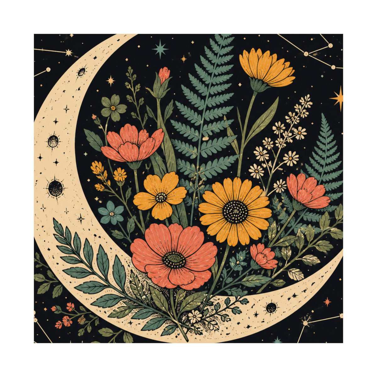 Celestial Wildflower Crescent Moon Botanical Art Poster