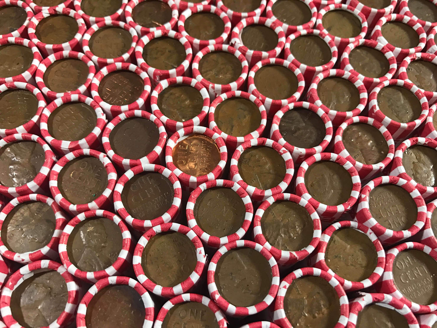 TIGHTLY CRIMPED WHITE BANK WRAPPED ROLLS OF OLD WHEAT PENNIES