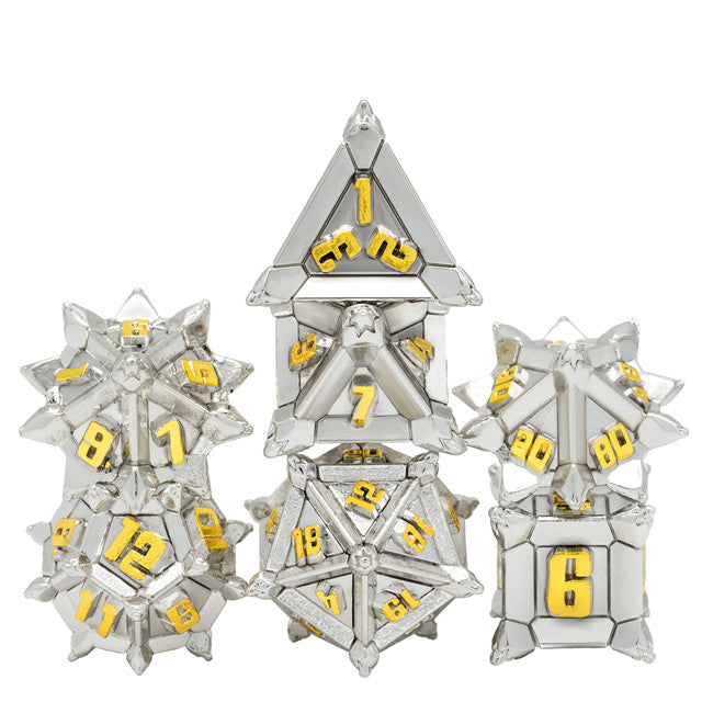 White w/Gold Pinwheel Strengthened Metal 7-Dice Set | Metal DND Dice