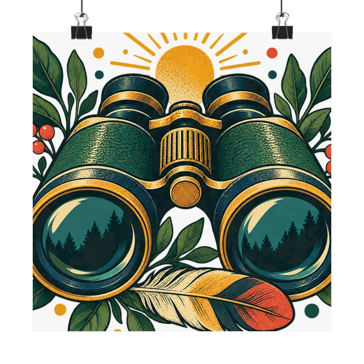 Retro Binoculars and Botanical Birdwatching Art Poster