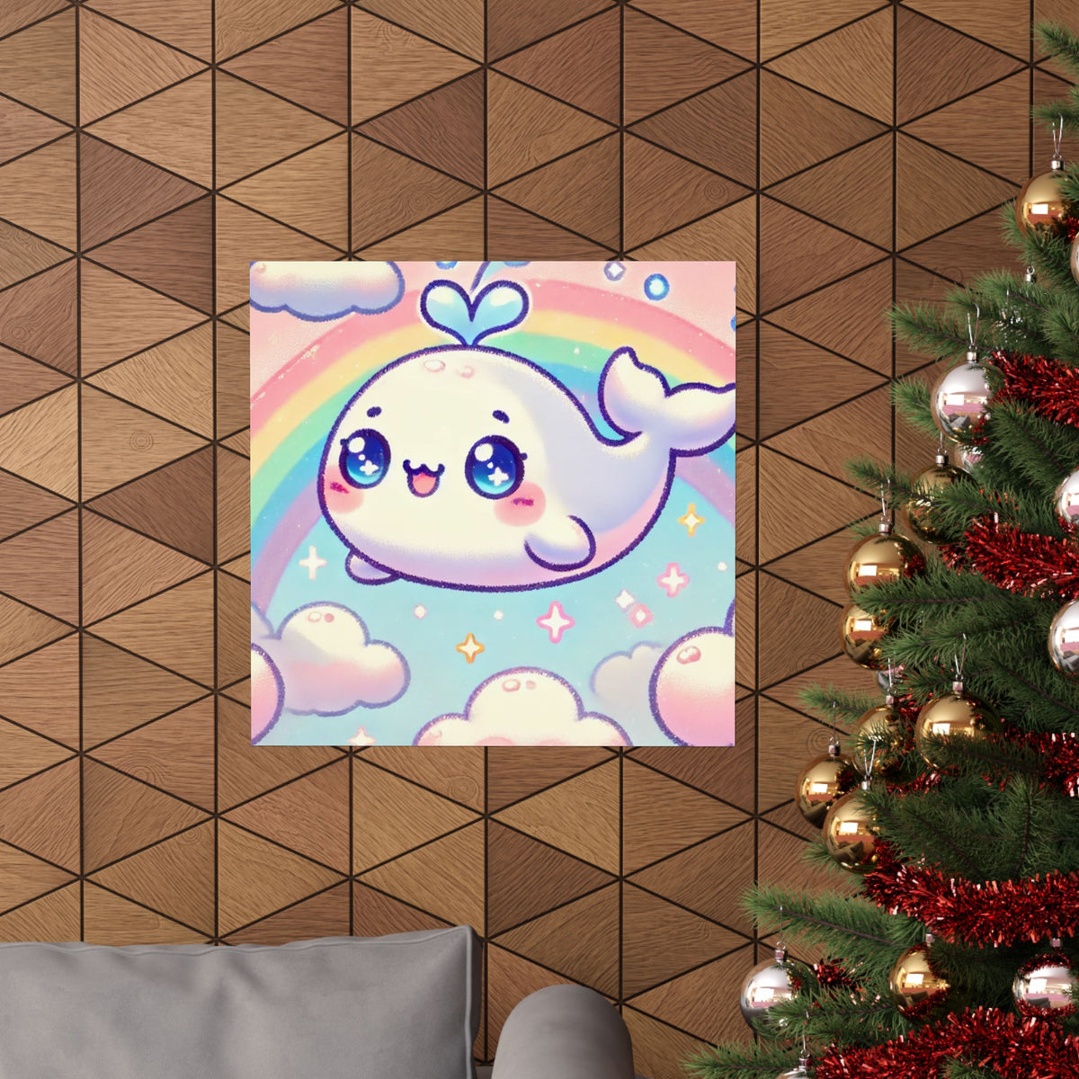 Kawaii Rainbow Whale Pastel Cloud Wall Art Poster