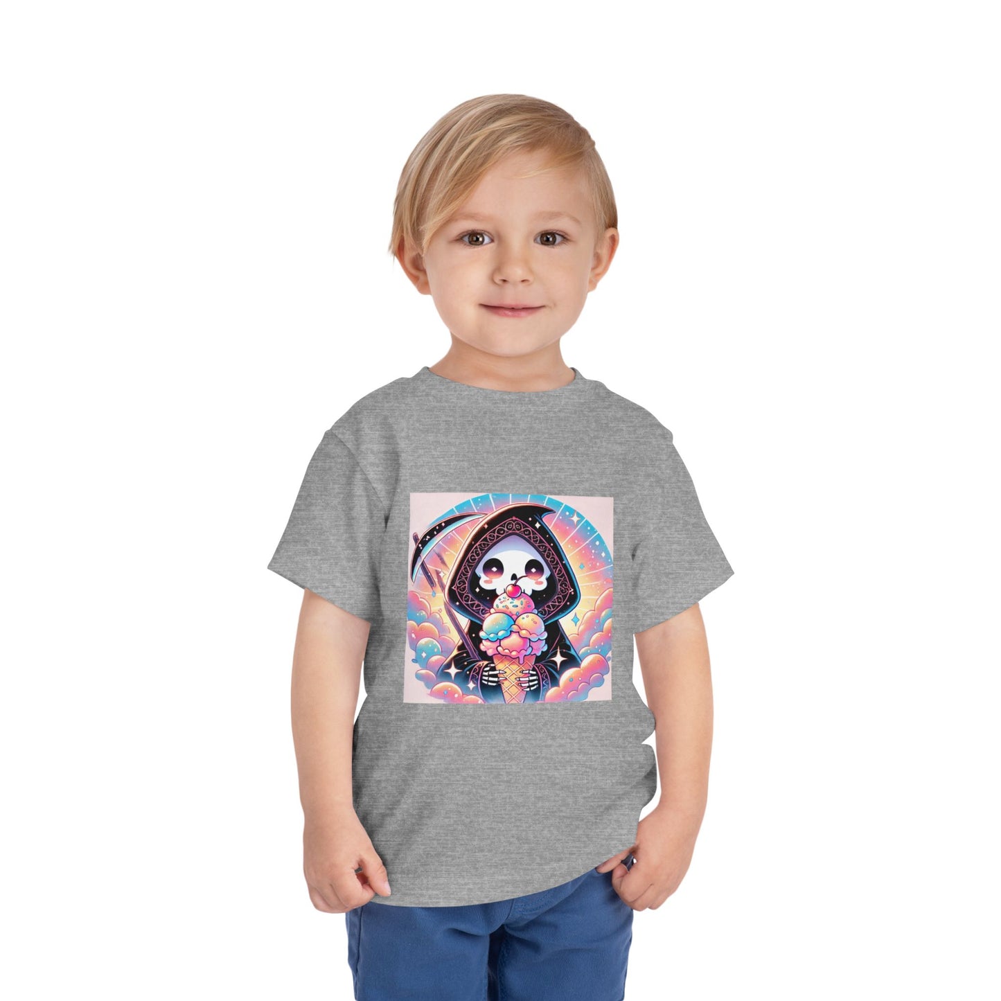 Grim Reaper with Ice Cream Kawaii Anime Toddler Tee - Adorable Short Sleeve Shirt for Kids - Fun & Stylish Gift Idea!