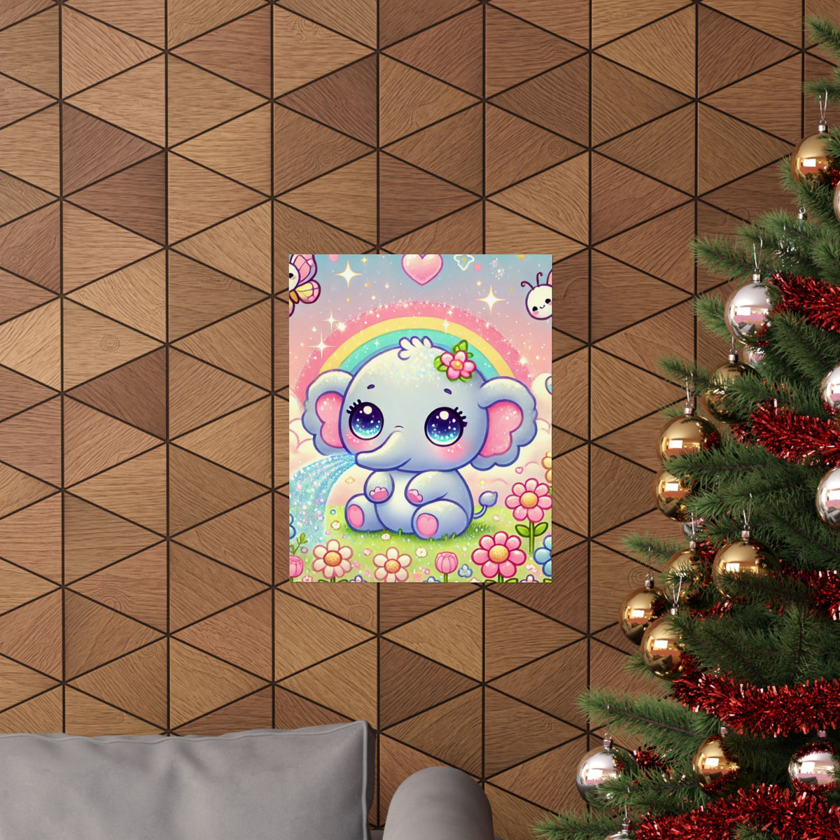 Pastel Rainbow Baby Elephant Floral Wall Art Poster