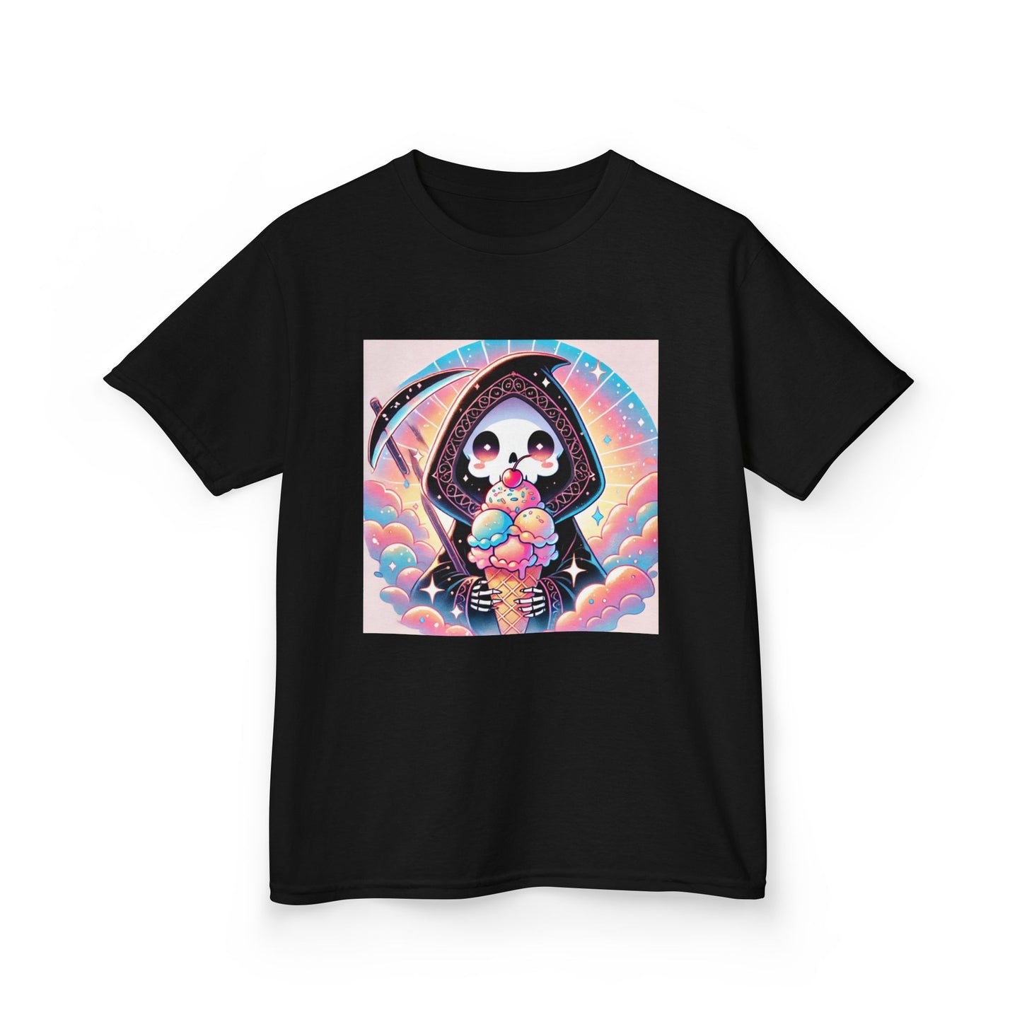 Grim Reaper Ice Cream Kawaii Anime Kids Short Sleeve Tee - Cute & Stylish Graphic T-Shirt - Fun Gift for Boys Girls!