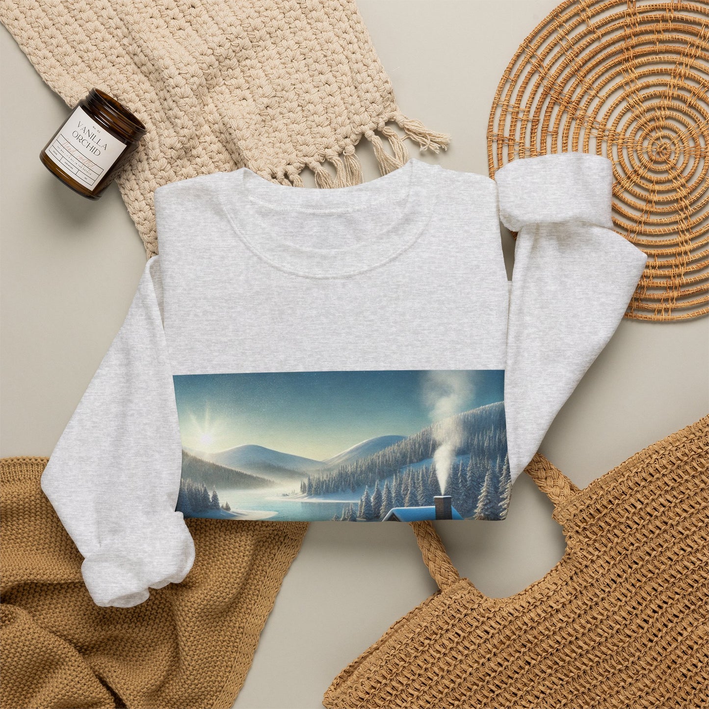 Snowy Cabin Winter Lake Landscape Art Sweatshirt