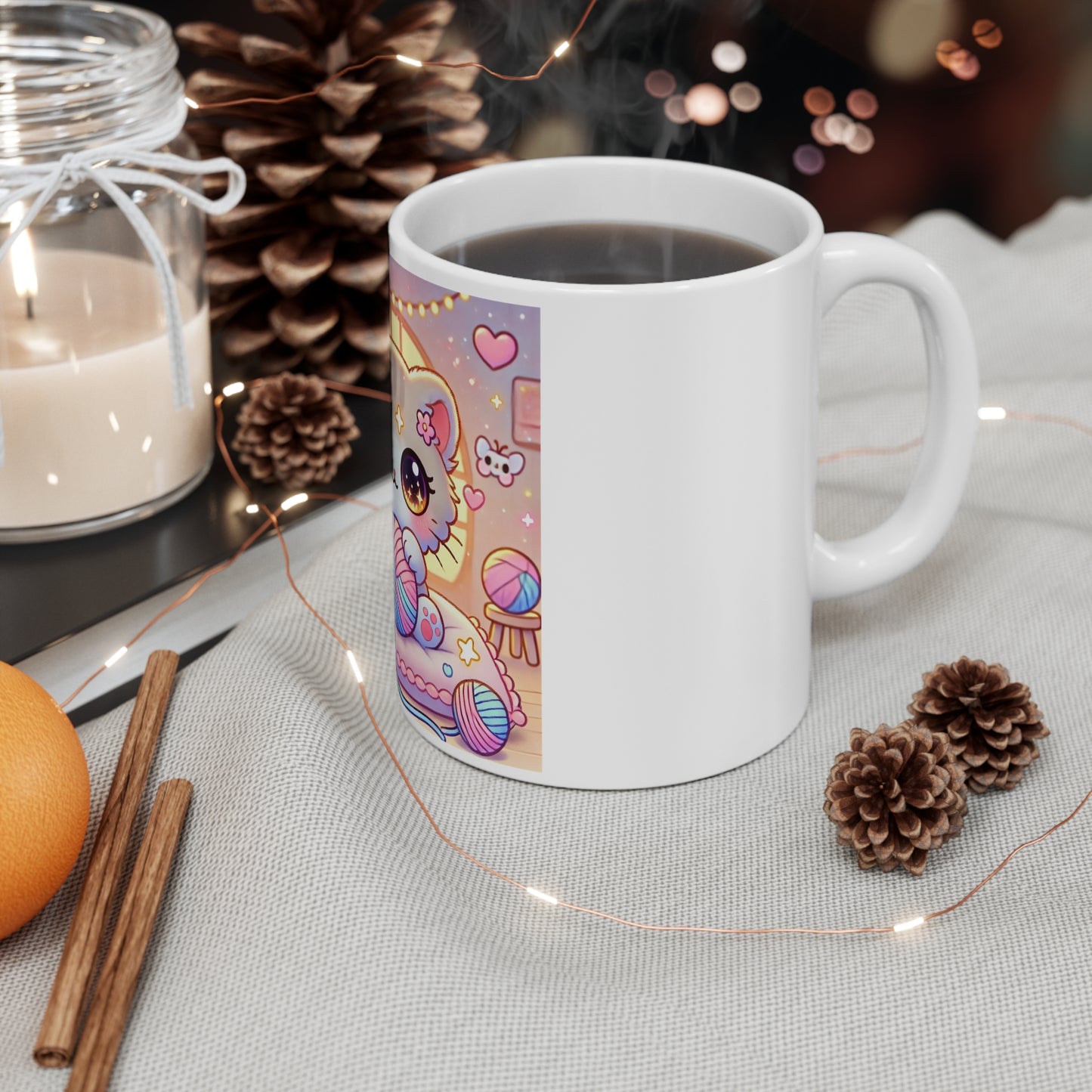 Cozy Kawaii Knitting Cat Pastel Yarn Coffee Mug