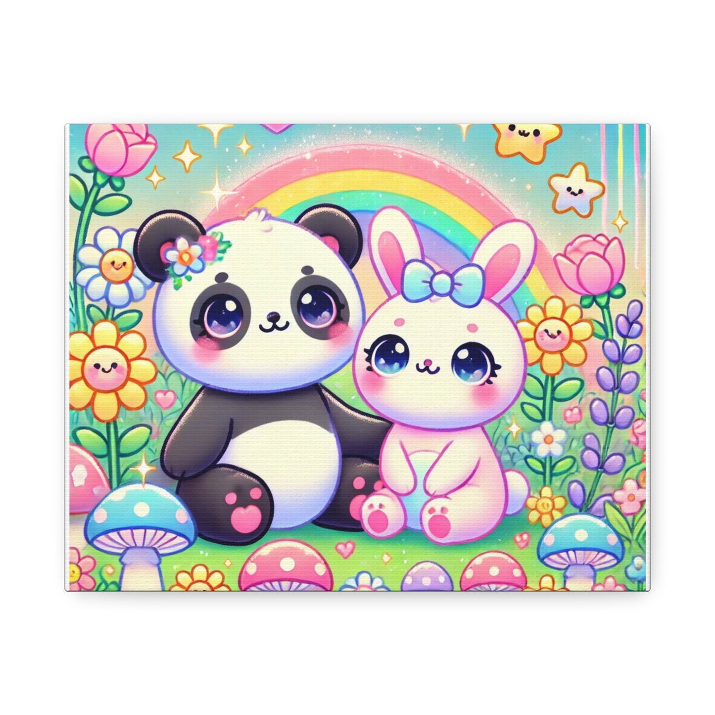 Pastel Panda and Bunny Rainbow Garden Canvas Wall Art