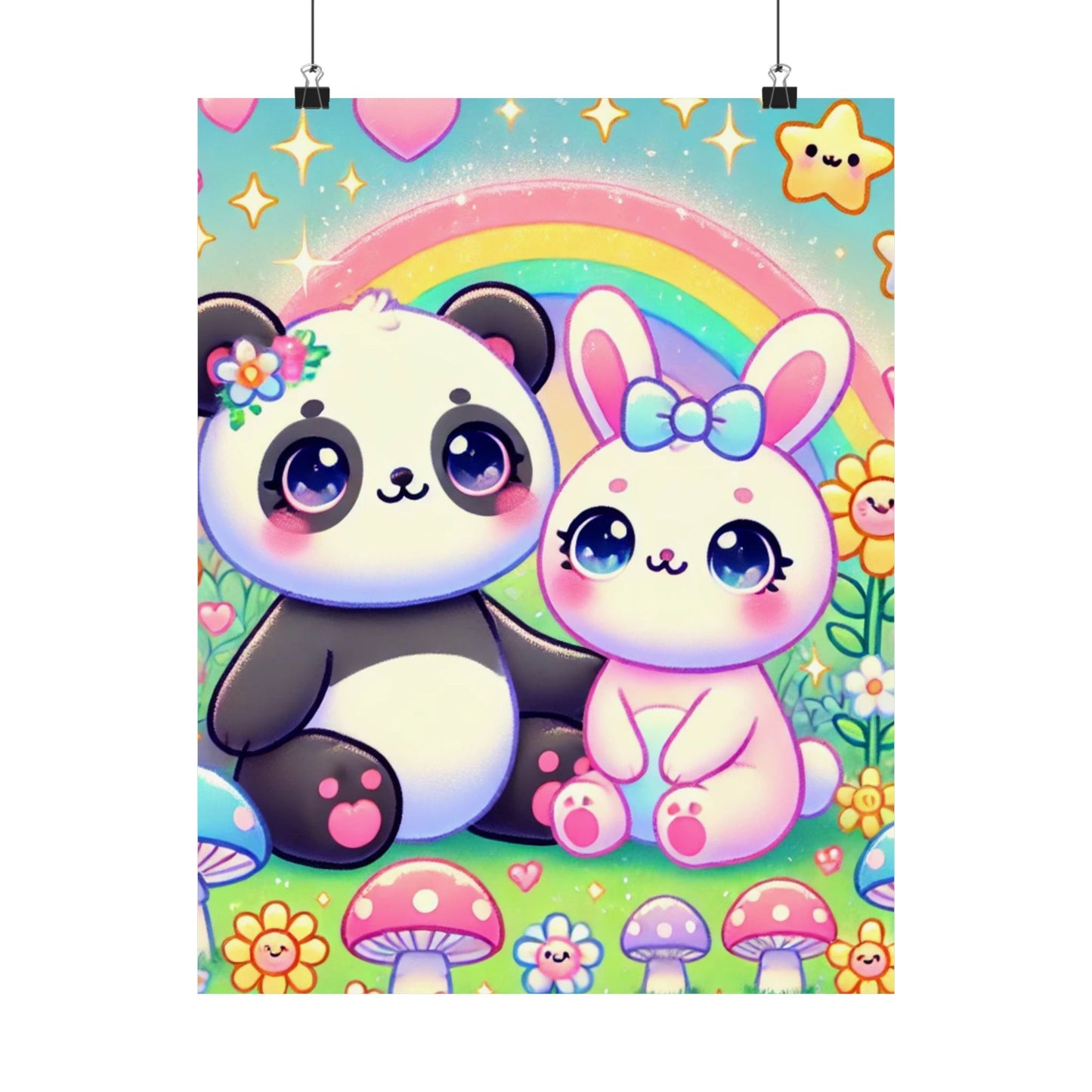 Pastel Panda and Bunny Rainbow Garden Wall Art Poster