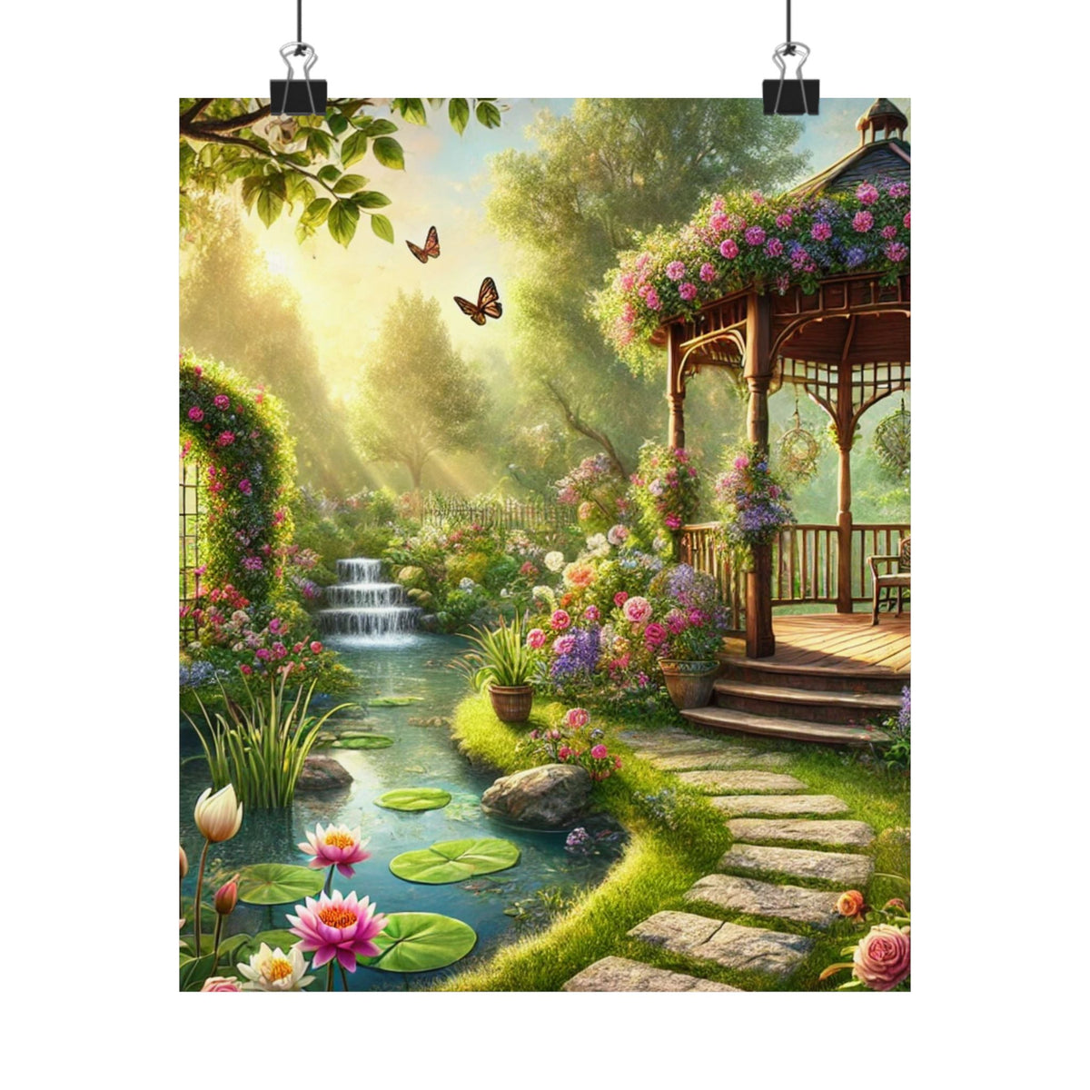 Sunlit Rose Gazebo Cottage Garden Wall Art Poster
