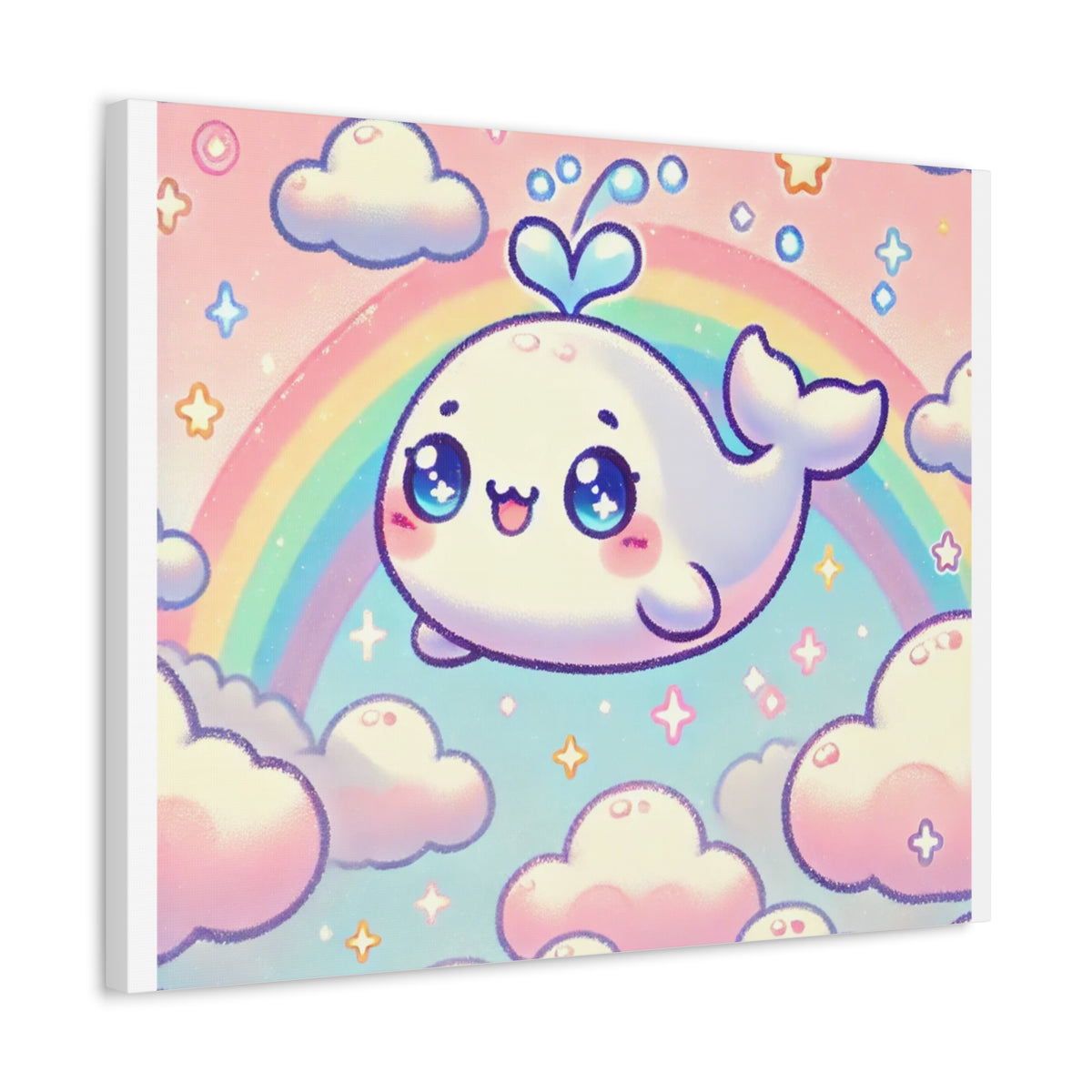 Kawaii Rainbow Whale Pastel Cloud Canvas Wall Art