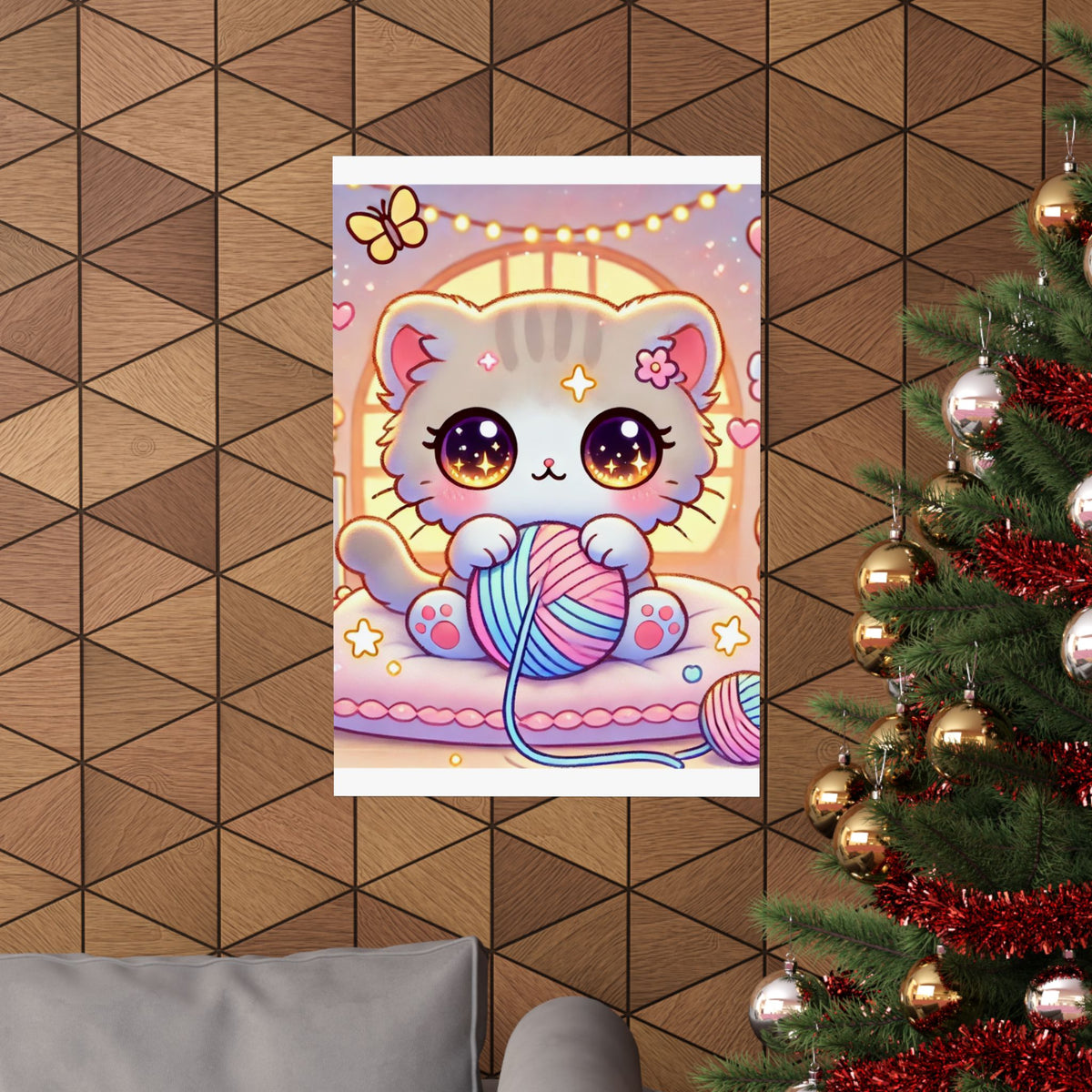 Cozy Kawaii Knitting Cat Pastel Yarn Wall Art Poster