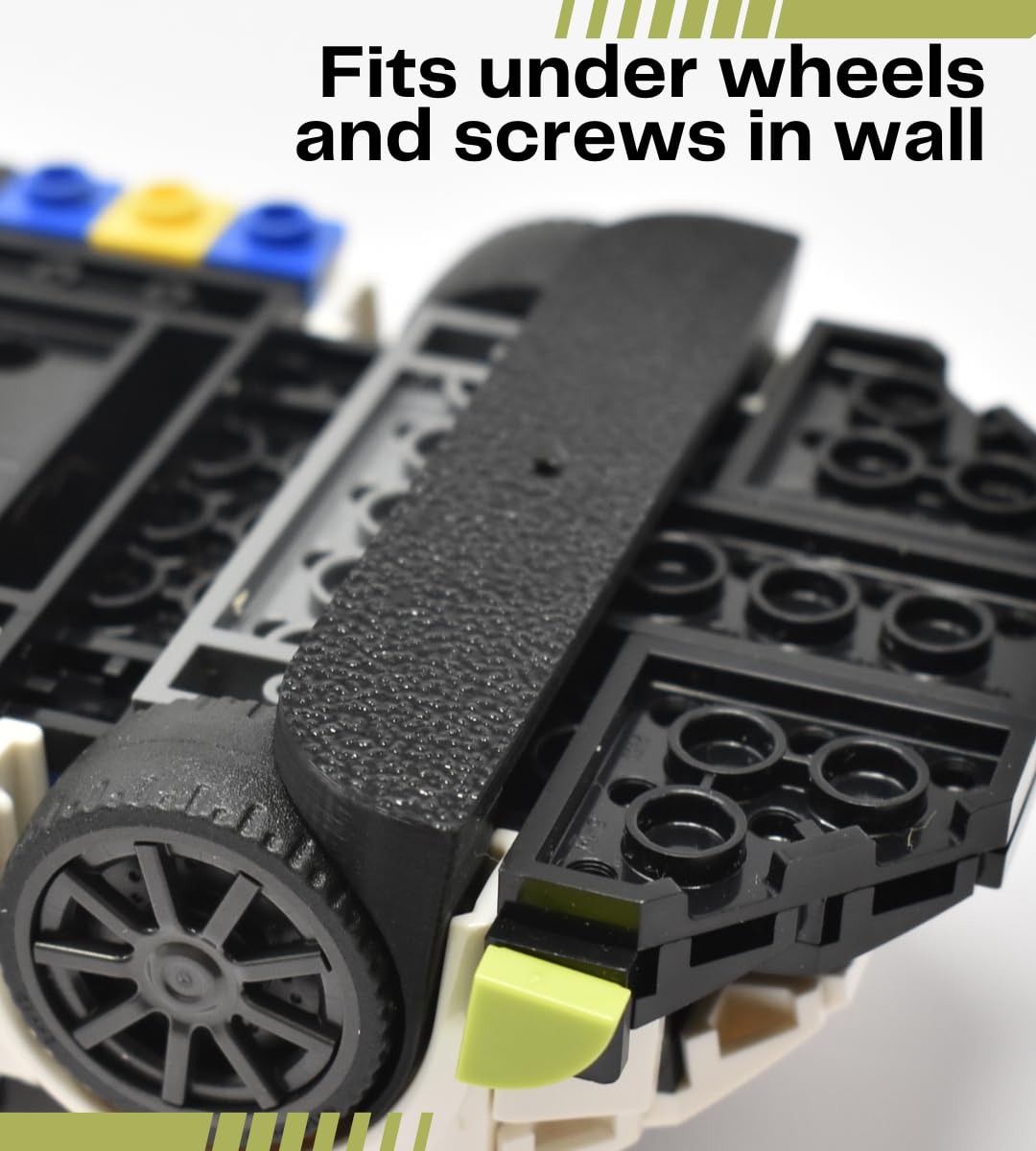 Low Profile Collectible Car Display Wall Mount | Compatible with Lego Car Models | Display Cars by Wheel on Wall | Made in USA (Black)