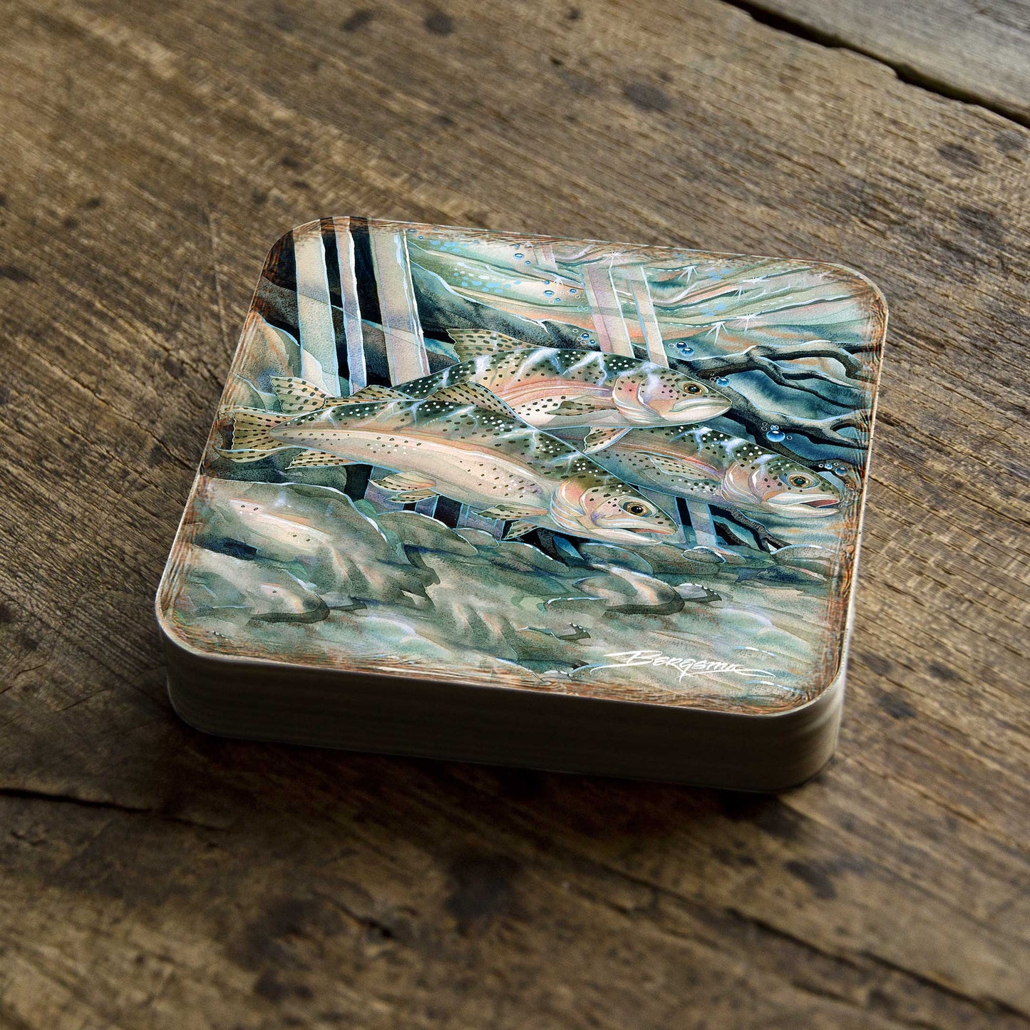 Catch the Rainbow Trout Wooden Cork Coasters Gift Set of 4 by J. Bergsma - Coastal Wildlife Decor  - 8199463C-S4