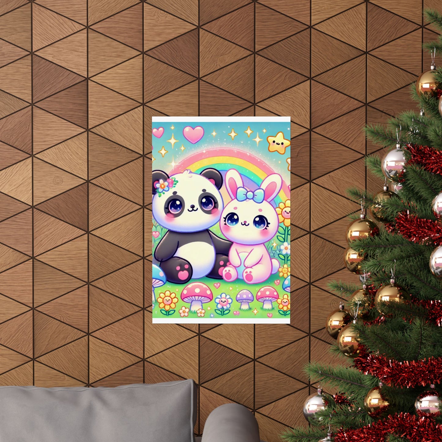 Pastel Panda and Bunny Rainbow Garden Wall Art Poster