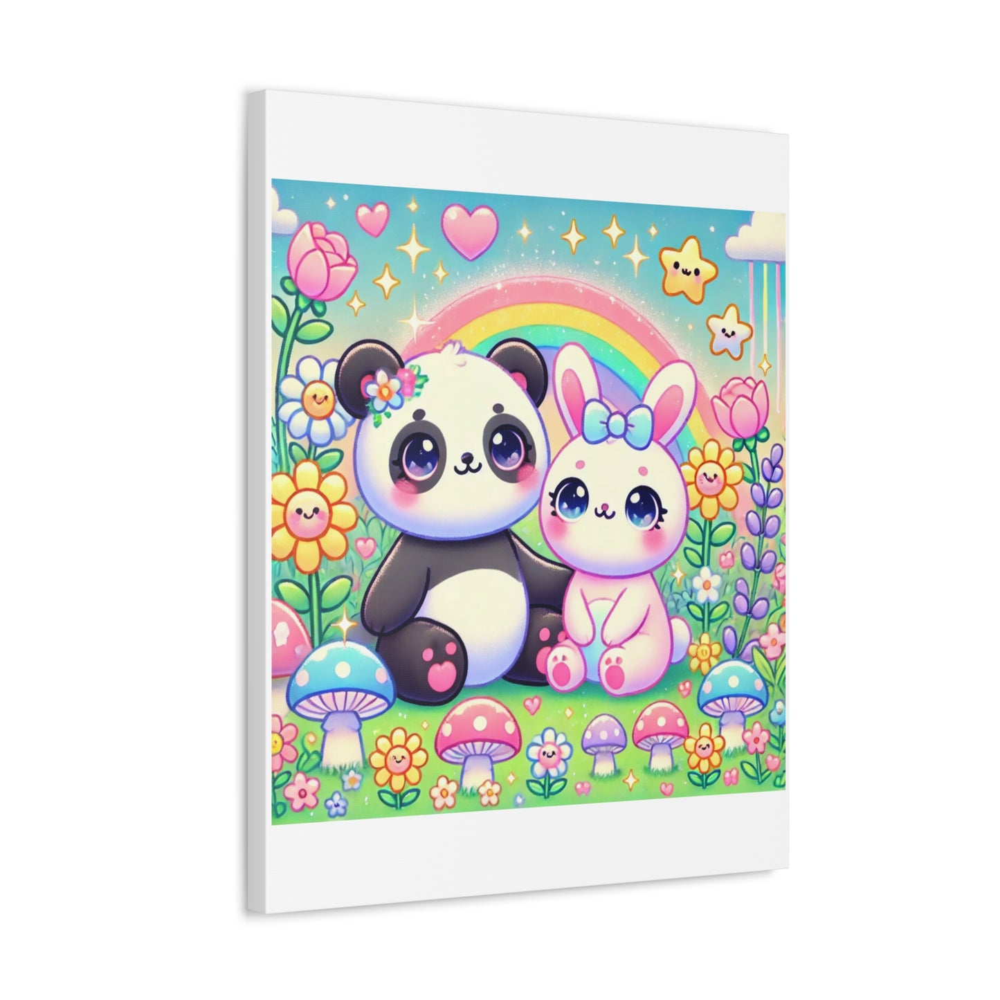 Pastel Panda and Bunny Rainbow Garden Canvas Wall Art