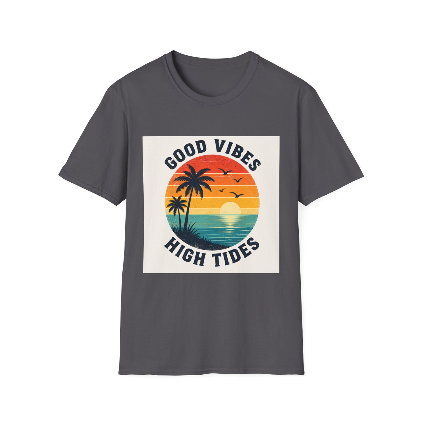Good Vibes High Tides T-Shirt | Retro Sunset Palm Beach Design
