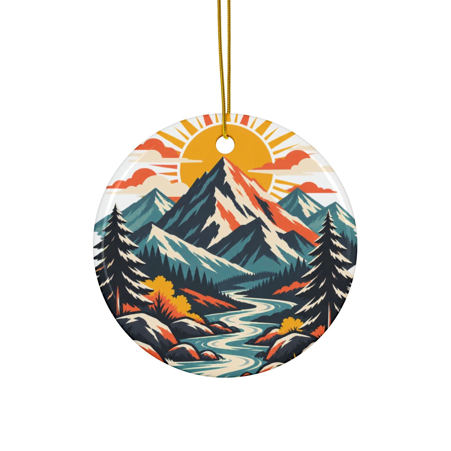 Alpine Sunrise River Mountain Adventure Art Ceramic Ornament, Holiday Keepsake a