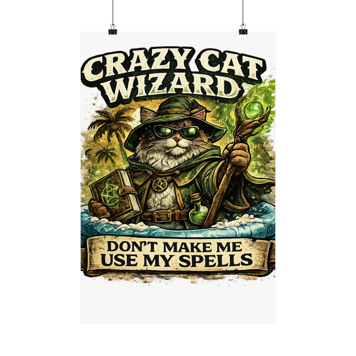 Crazy Cat Wizard Funny Fantasy Magic Art Poster