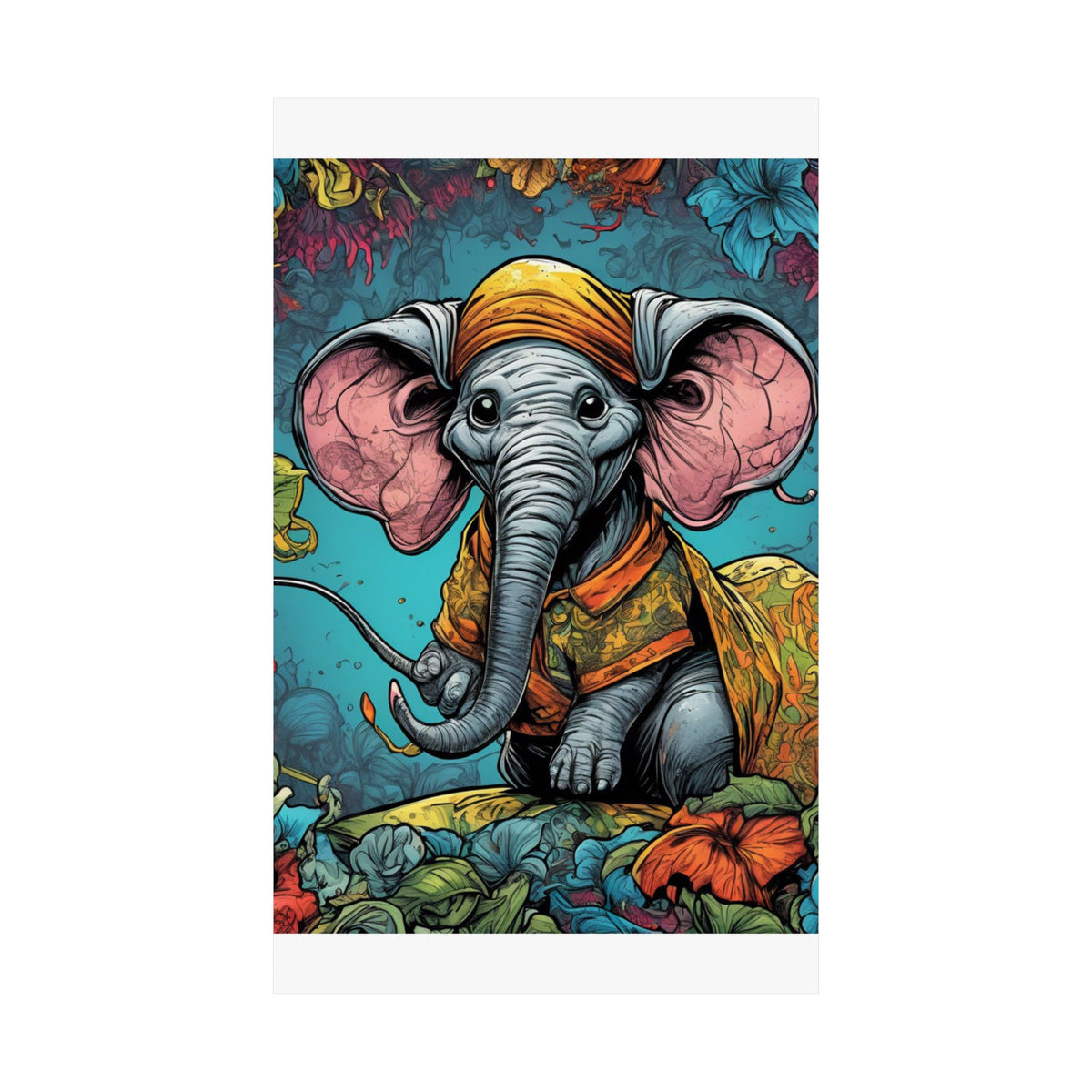 Colorful Storybook Elephant Floral Garden Wall Art Poster