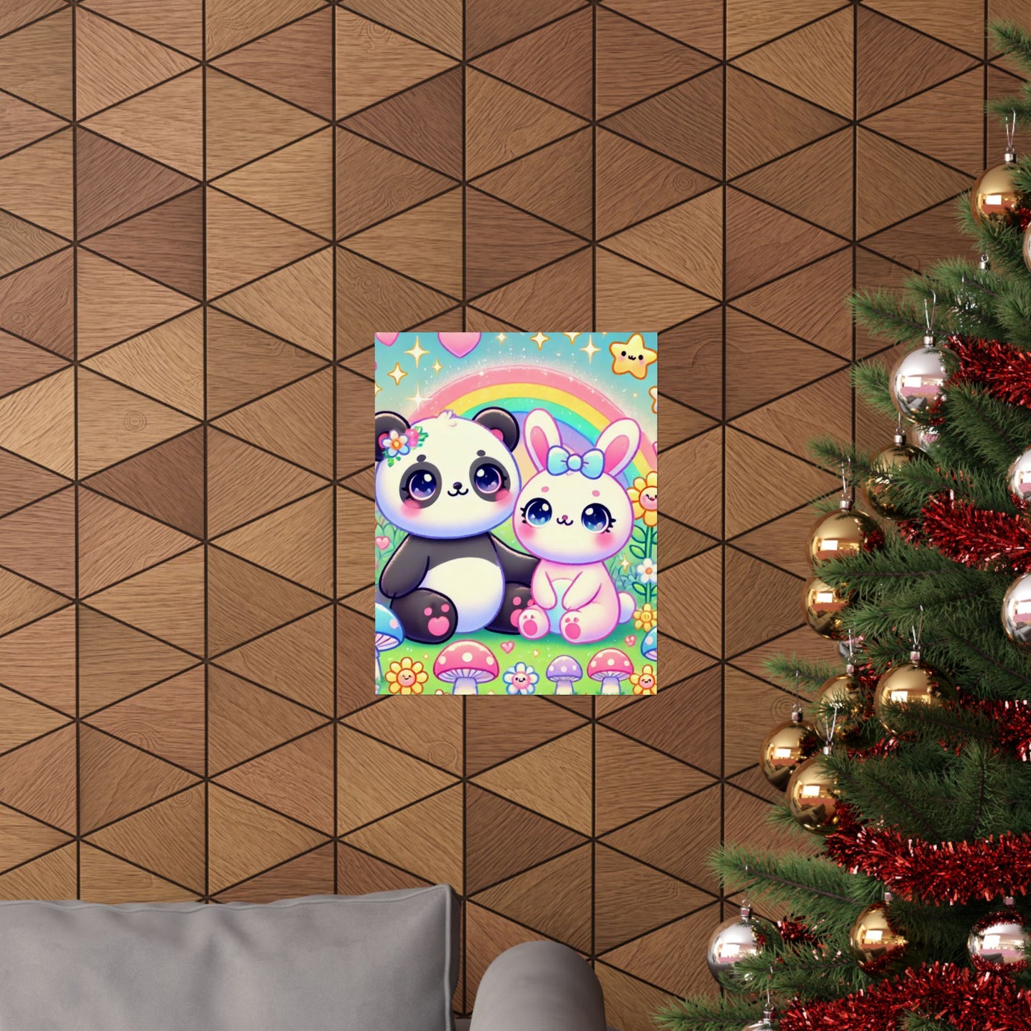 Pastel Panda and Bunny Rainbow Garden Wall Art Poster