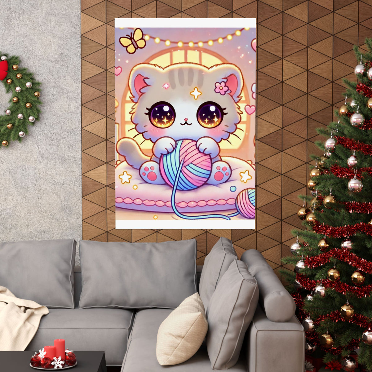 Cozy Kawaii Knitting Cat Pastel Yarn Wall Art Poster
